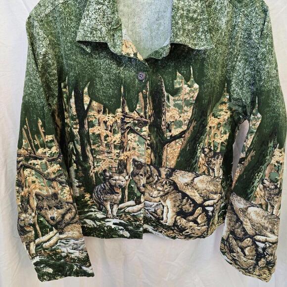Vtg Whales Friends Button Up Embellished 100 Cotton Jacket Wolves Collared - Picture 2 of 12